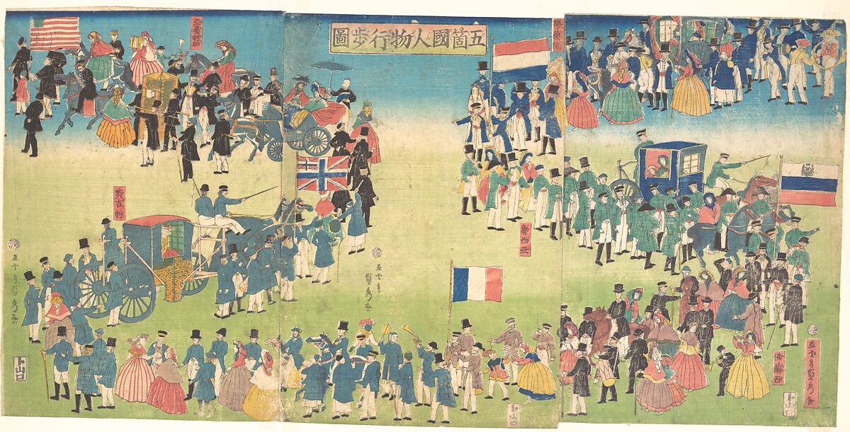 Procession of People from Five Countries: Holland, Russia, France, England and America, Utagawa (Gountei) Sadahide (Japanese, 1807–1873), Triptych of woodblock prints; ink and color on paper, Japan 