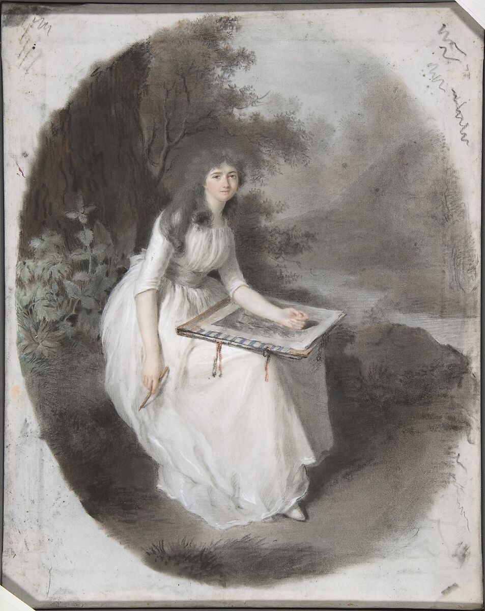 Portrait of a Seated Young Lady Drawing under a Tree, Firmin Massot (Swiss, Geneva 1766–1849 Genf), Black, red, brown and white chalk, brush and gray, blue and green wash, heightened with pastel; verso: black and red chalk 