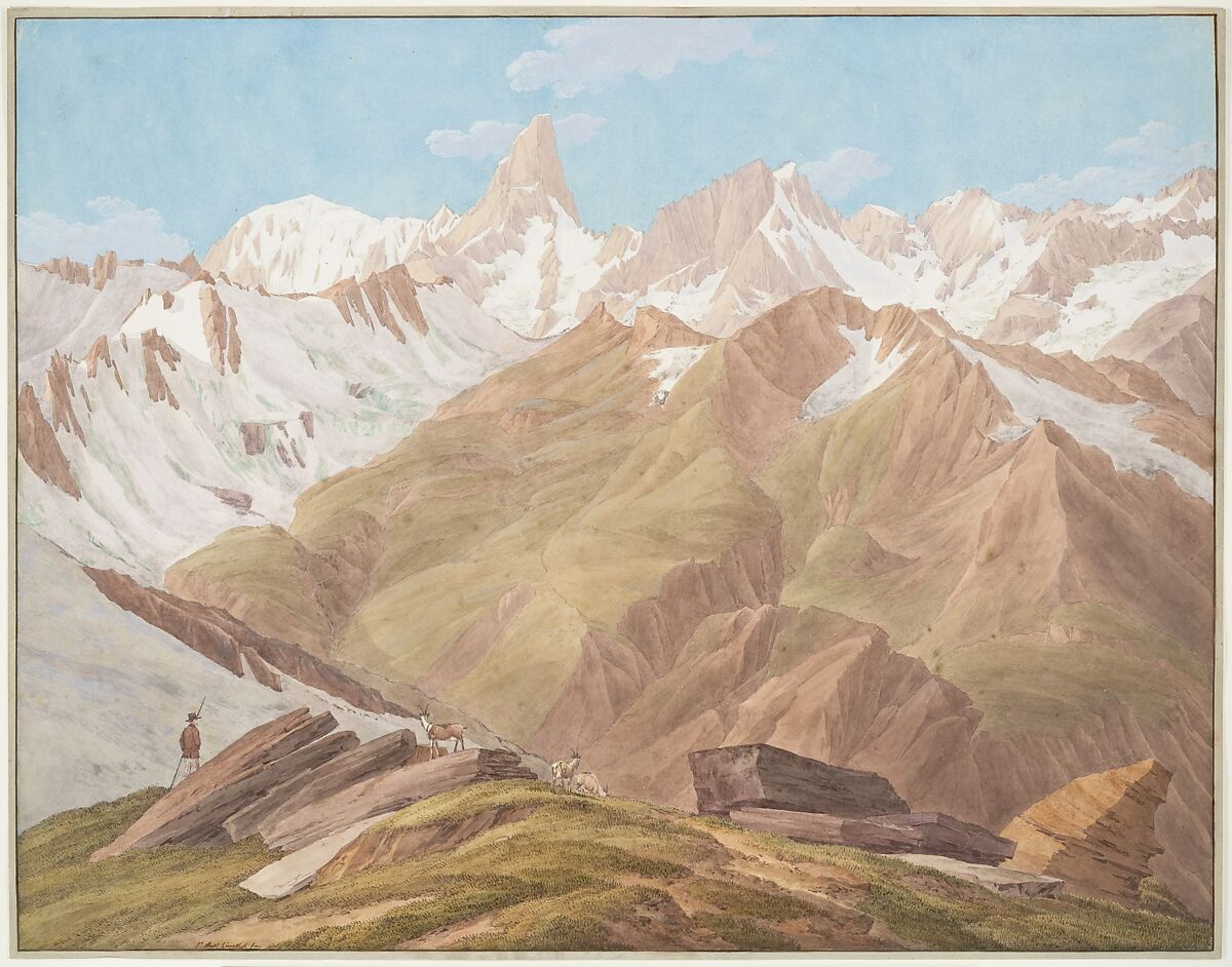 View of the Massif of Mont Blanc near the "Petit Jorasse, Grand Jorasse, le Géant" with the "Glaciers des Périades et Jorasse" and the "Glacier de la Venval" as seen from the "Col de Fenêtre près du Gd. St. Bernard", Jean-Antoine Linck (Swiss, Geneva 1766–1843 Geneva), Watercolor and gouache over graphite. Framing line on mount along edge of drawing, in pen and brown gouache. 