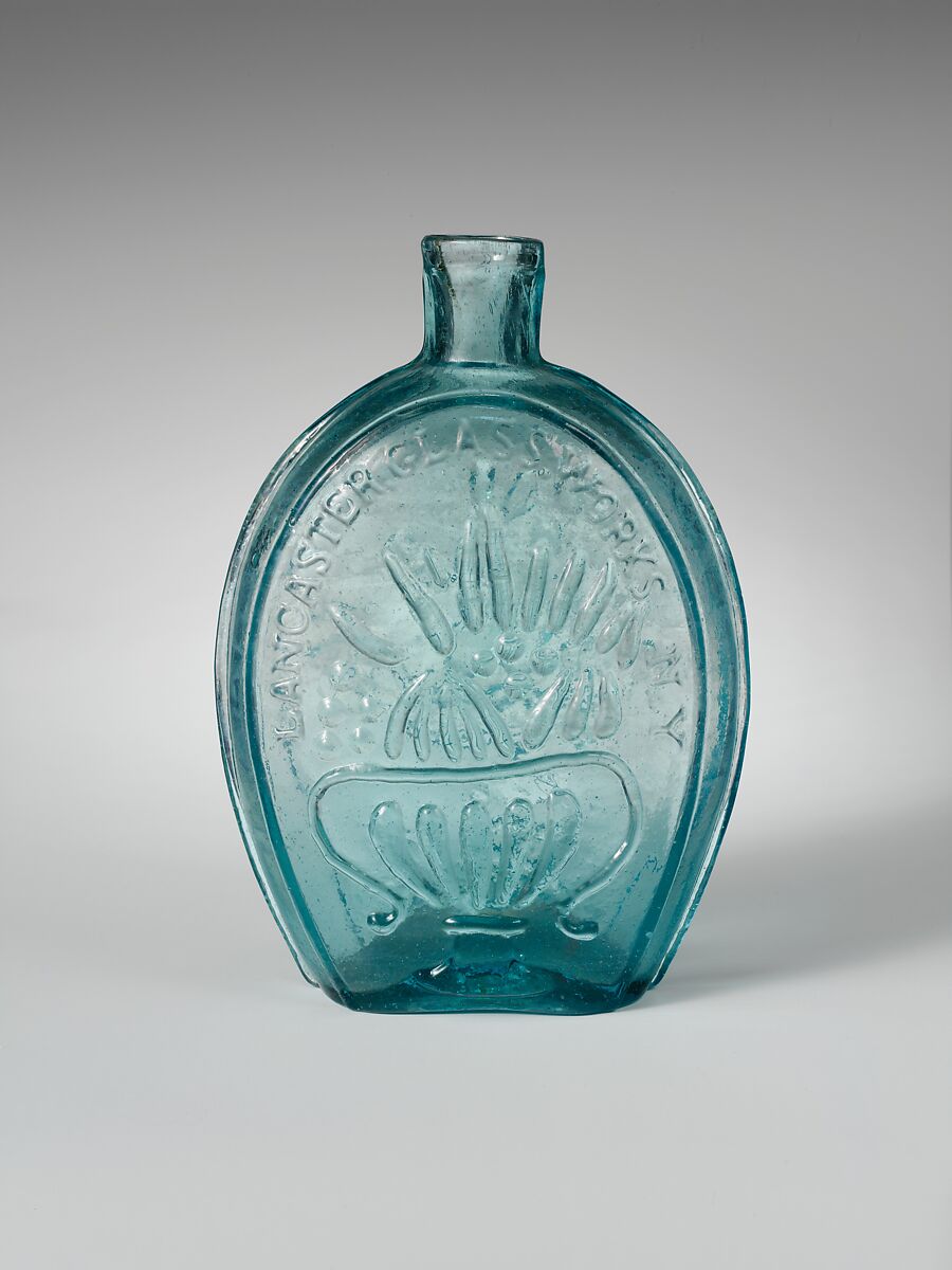 Pint flask, Lancaster Glass Works (1849–ca. 1881), Free-blown molded aquamarine glass, American 