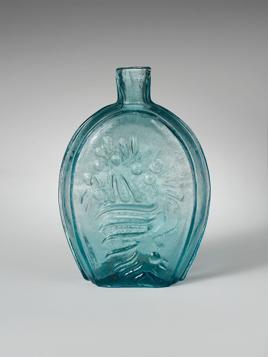 Pint flask, Lancaster Glass Works (1849–ca. 1881), Free-blown molded aquamarine glass, American