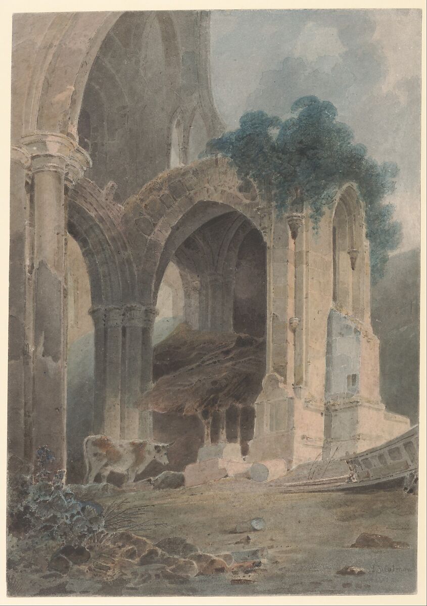 The east end of Rievaulx Abbey, Yorkshire, John Sell Cotman (British, Norwich 1782–1842 London), Watercolor and graphite with reductive techniques