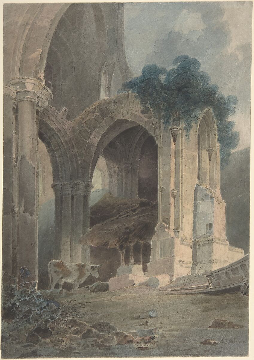 The east end of Rievaulx Abbey, Yorkshire, John Sell Cotman (British, Norwich 1782–1842 London), Watercolor and graphite with reductive techniques 