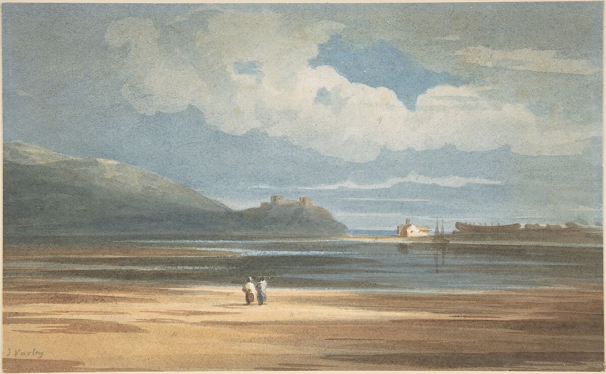 Harlech Castle across the Traeth Mawr, John Varley (British, London 1778–1842 London), Watercolor with reductive techniques, over graphite 