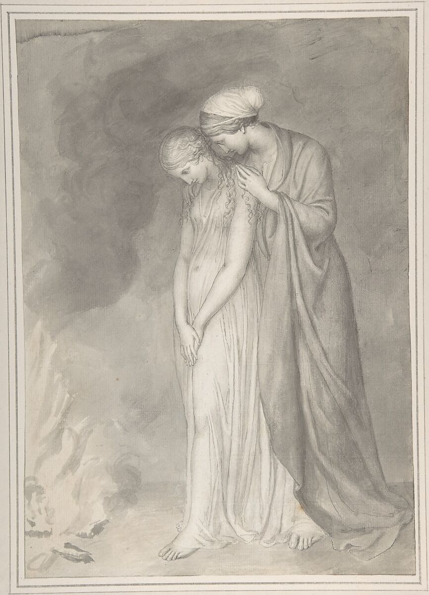 Two women grieving, John Flaxman (British, York 1755–1826 London), Pen and gray ink, brush and gray wash 