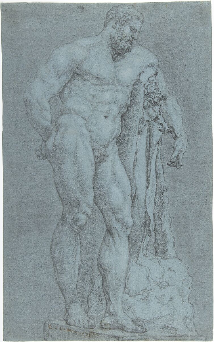 The Farnese Hercules, Peter van Lint (Flemish, Antwerp 1609–1690 Antwerp), Black chalk heightened with white chalk, on blue paper 
