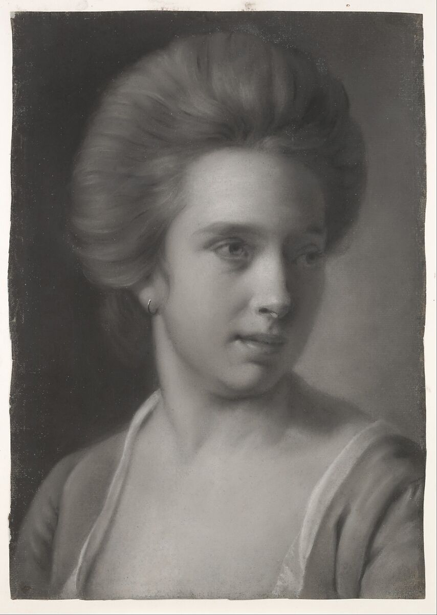 Portrait of a woman, her head turned to the right, wearing an earring, Joseph Wright (Wright of Derby)  British, Pastel on blue laid paper