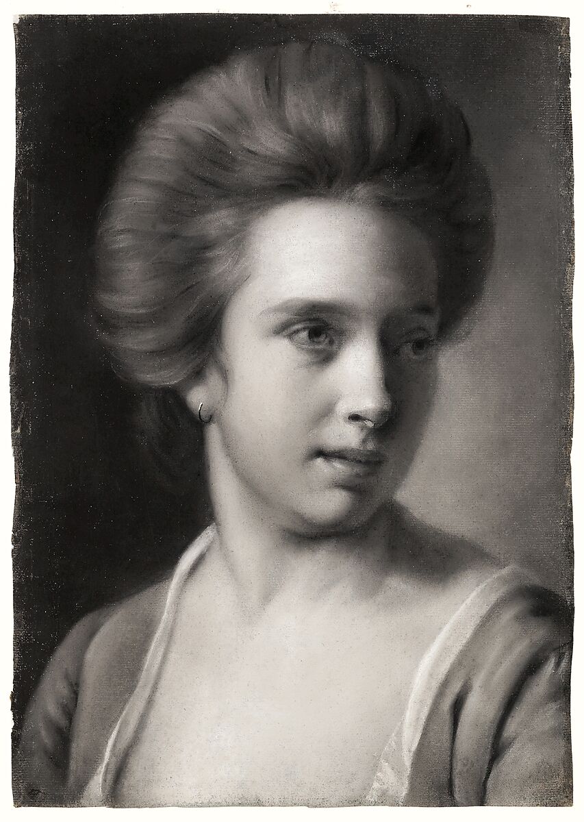 Portrait of a woman, her head turned to the right, wearing an earring, Joseph Wright (Wright of Derby) (British, Derby 1734–1797 Derby), Pastel on blue laid paper