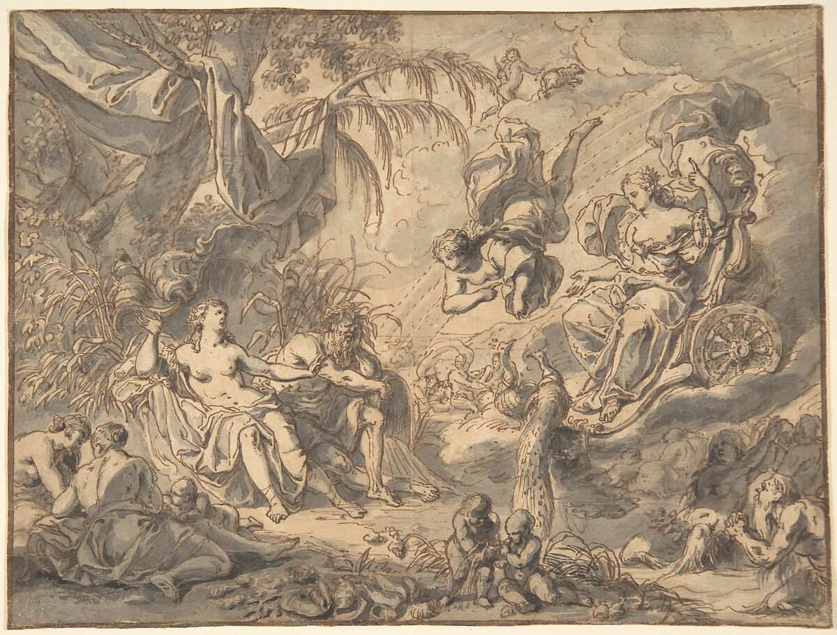 Juno on Her Chariot Visiting a Young Woman and a Rivergod, Richard van Orley (Flemish, Brussels 1663–1732 Brussels), Pen and brown ink, brush and gray ink, corrected with white gouache; framing line in pen and brown ink, possibly by the artist 
