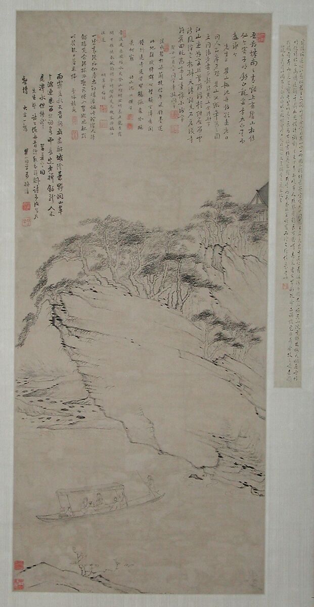 Boating beneath Echo Hill, Mei Qing (Chinese, 1623–1697), Hanging scroll; ink on paper, China