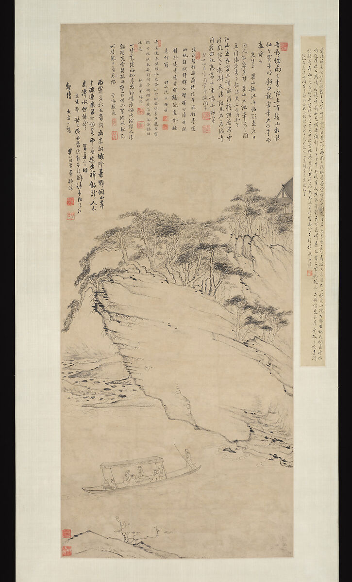 Boating beneath Echo Hill, Mei Qing (Chinese, 1623–1697), Hanging scroll; ink on paper, China 