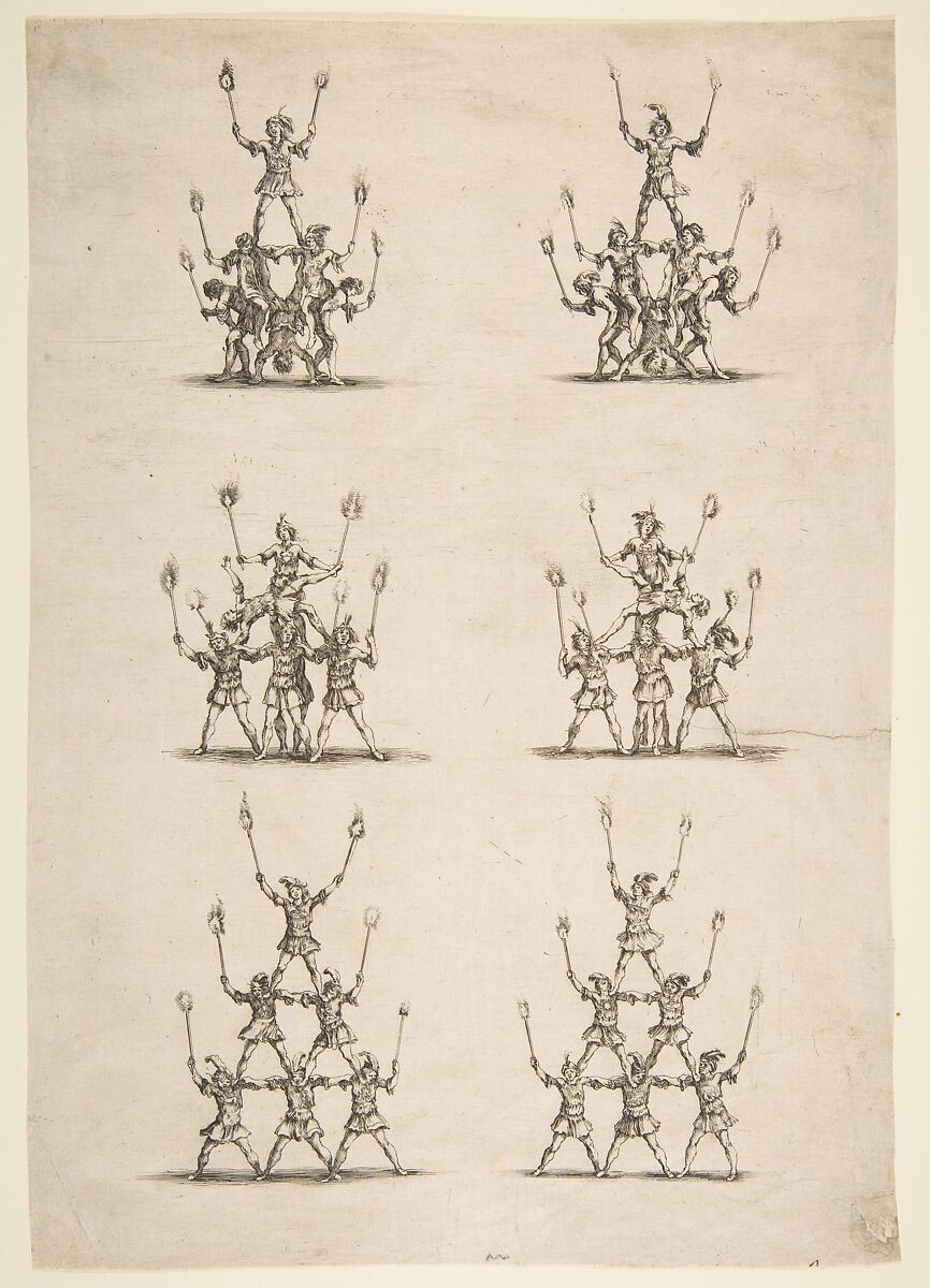 Thirty-six Acrobats in Six Groups, Etched by Stefano della Bella (Italian, Florence 1610–1664 Florence), Etching; second state of two 