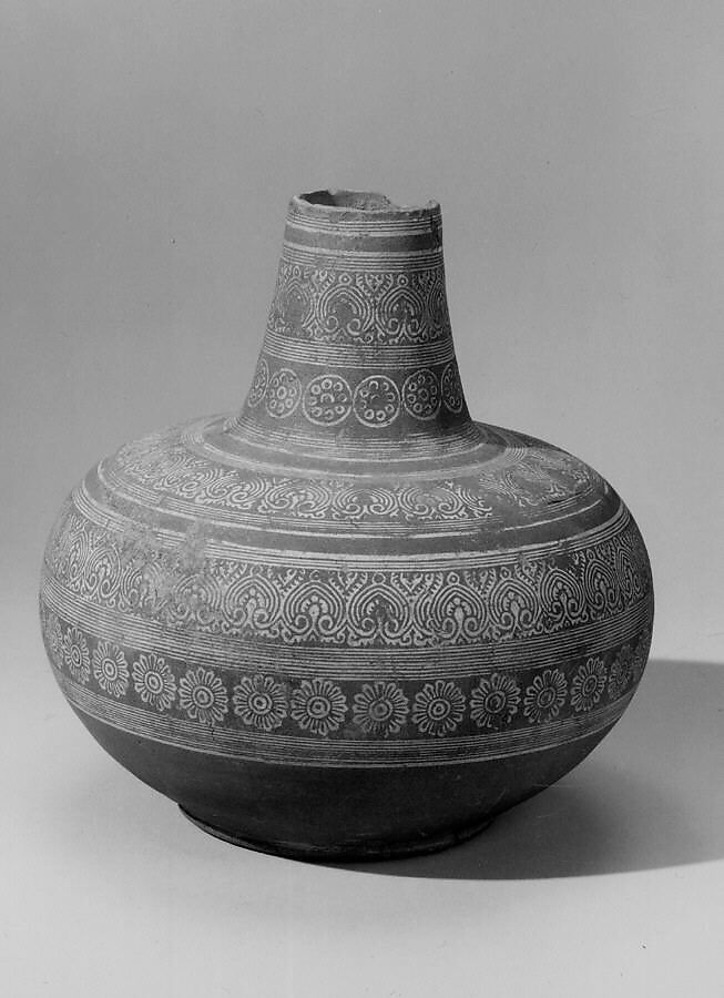 Bottle, Terracotta with inlaid designs, Thailand 