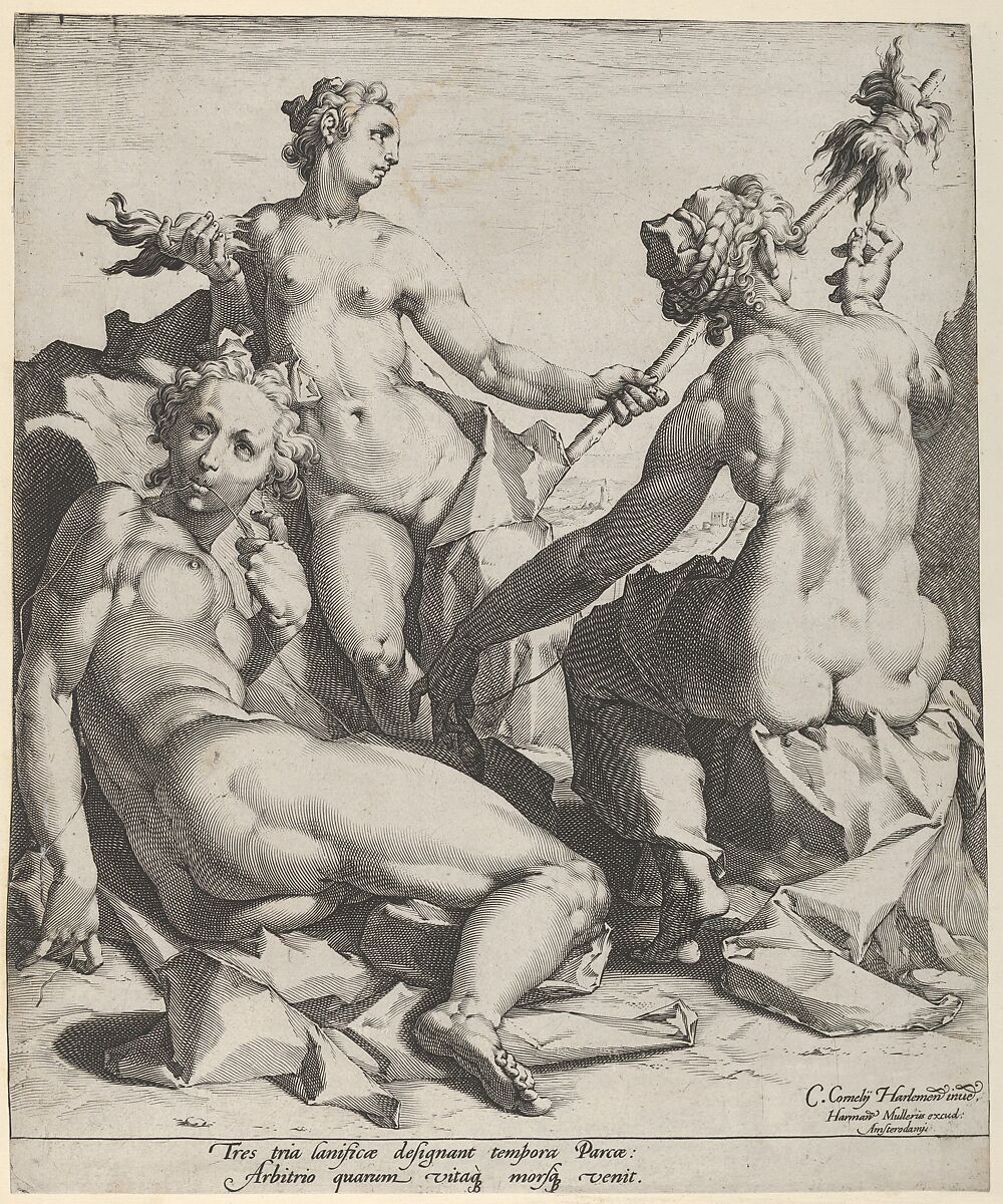 The Three Fates:  Clotho, Lachesis and Atropos, Jan Muller (Netherlandish, Amsterdam 1571–1628 Amsterdam), Engraving; third state of four 