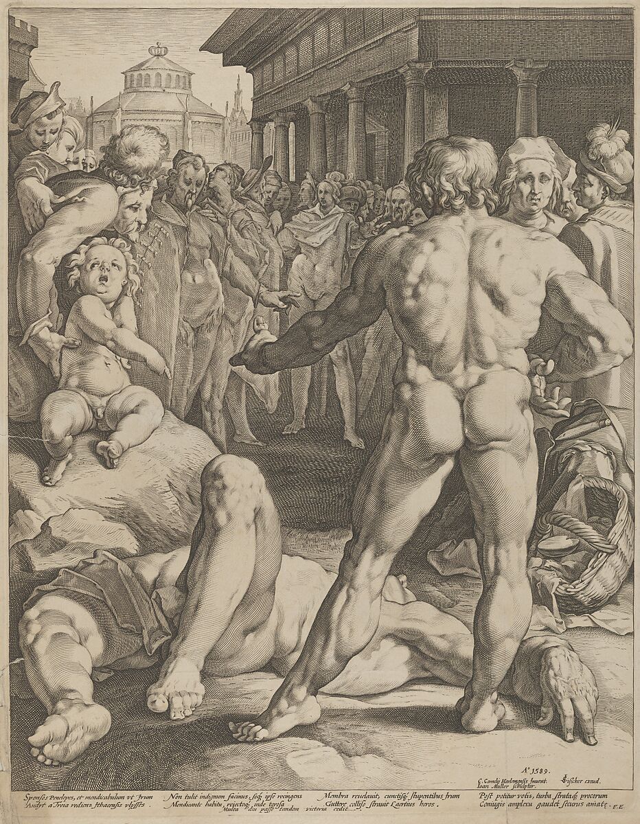 The Fight Between Ulysses and Irus, Jan Muller (Netherlandish, Amsterdam 1571–1628 Amsterdam), Engraving; second state of three 