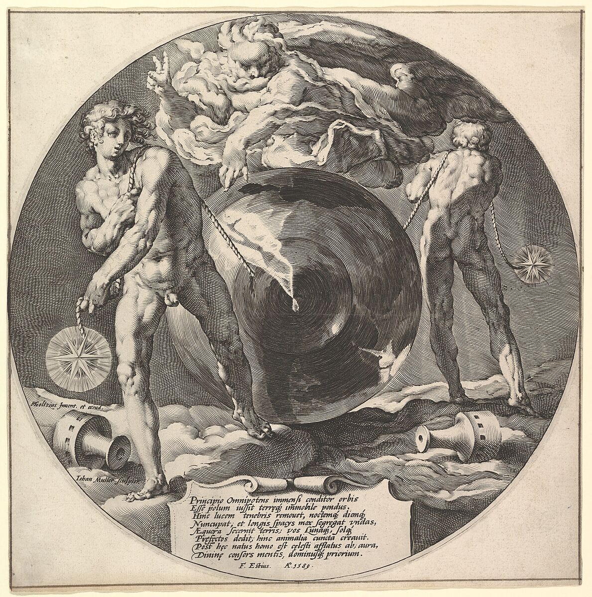 God Creating Heaven and Earth, title page from "The Creation of the World", Jan Muller (Netherlandish, Amsterdam 1571–1628 Amsterdam), Engraving; New Holl.'s second state of two 