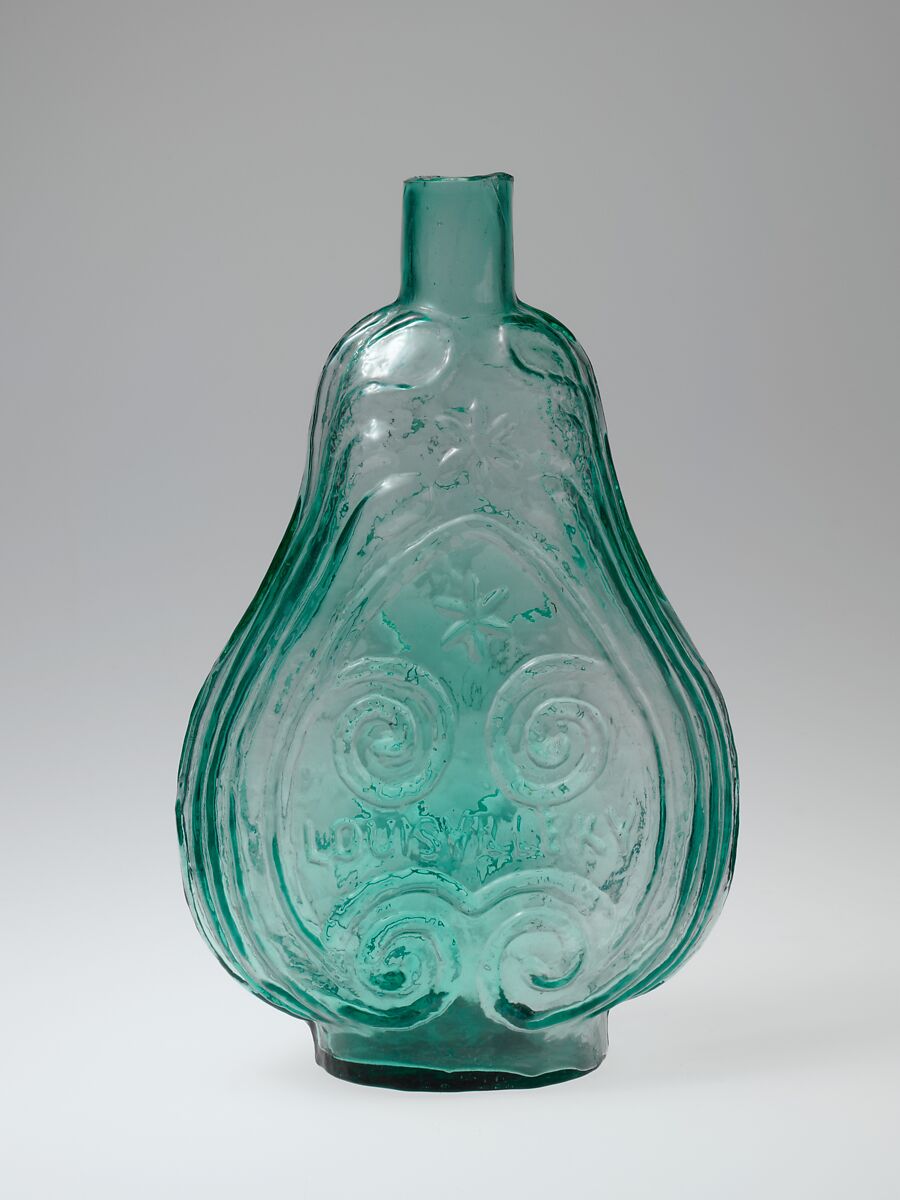 Figured flask, Louisville Glass Works (1855–73), Free-blown molded glass, American 