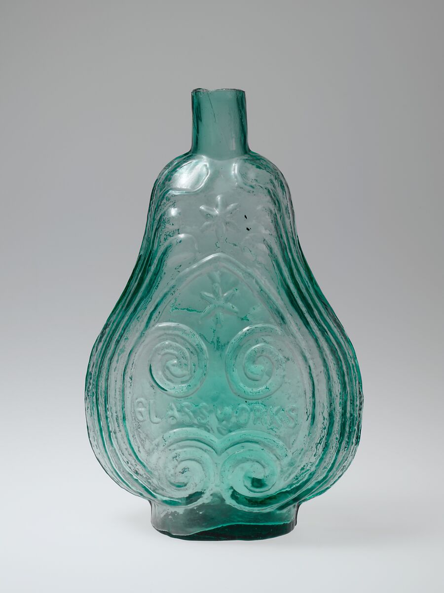 Figured flask, Louisville Glass Works (1855–73), Free-blown molded glass, American