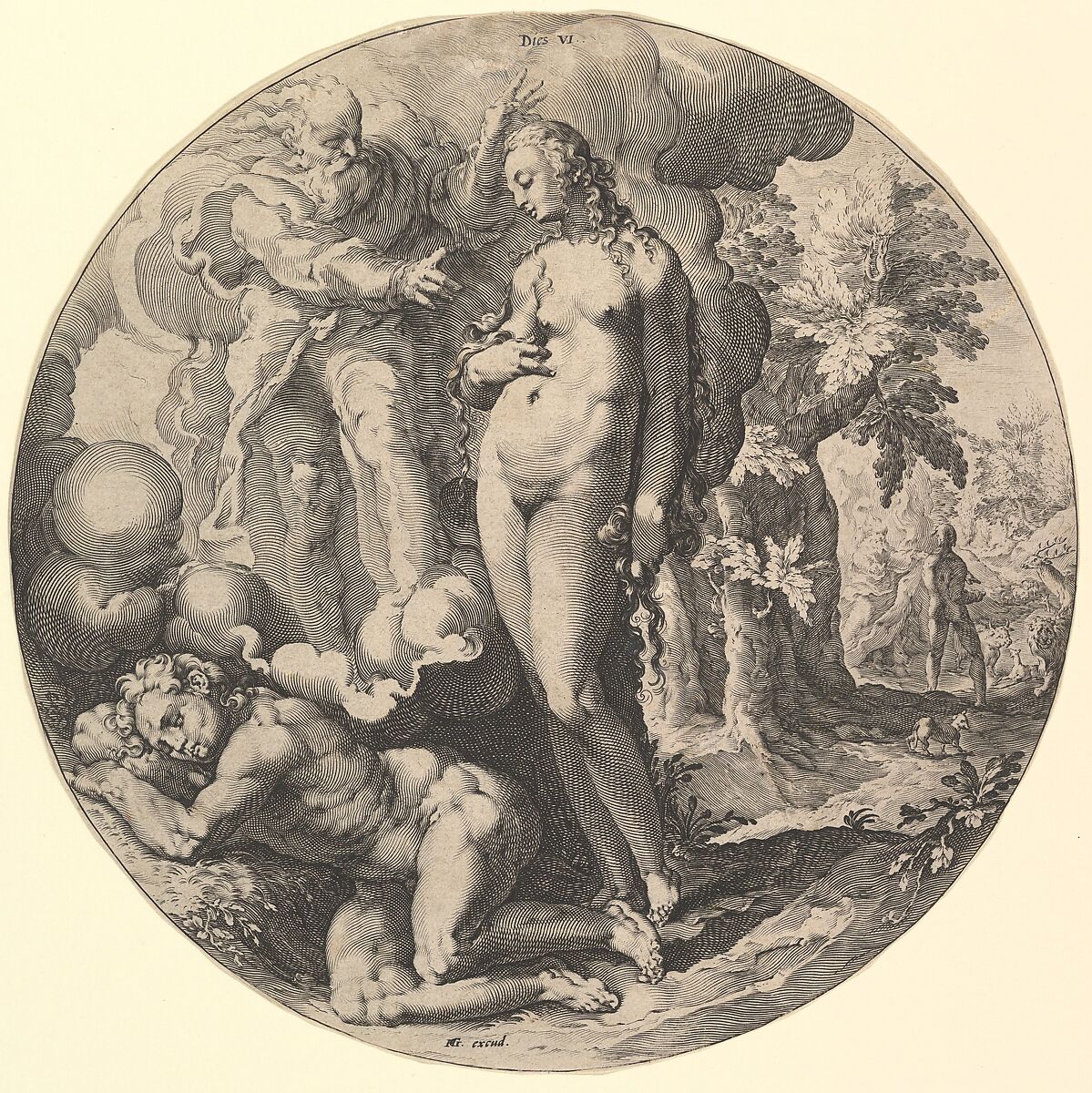 The Sixth Day (Dies VI): The Creation of Adam and Eve, from "The Creation of the World", Jan Muller (Netherlandish, Amsterdam 1571–1628 Amsterdam), Engraving; New Holl.'s third state of three 