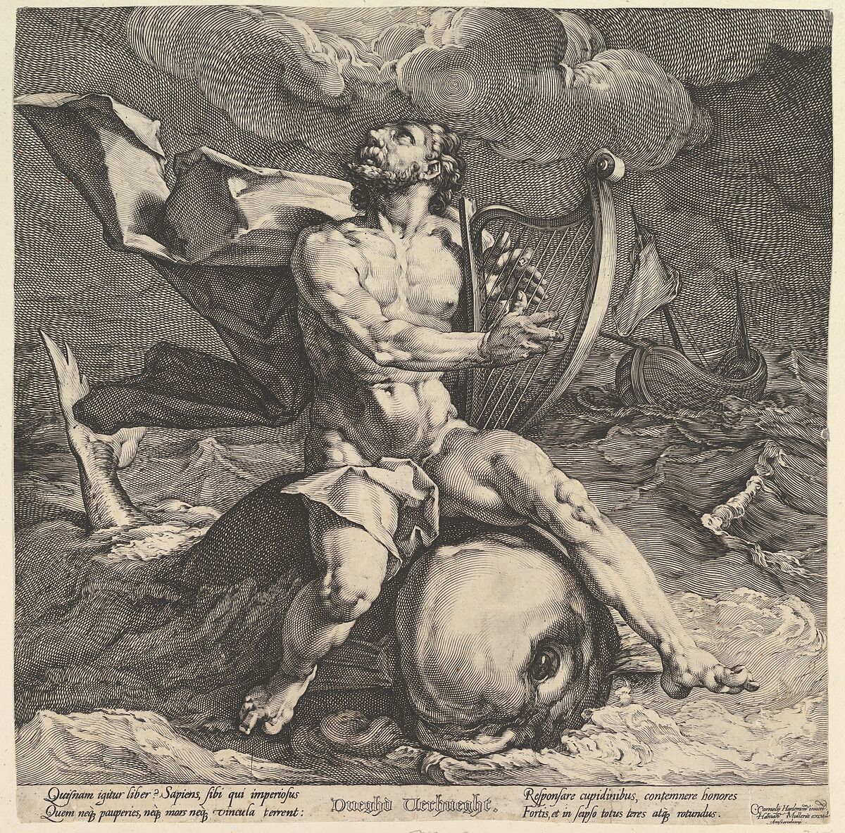 Arion on a Dolphin, Jan Muller (Netherlandish, Amsterdam 1571–1628 Amsterdam), Engraving, Filedt Kok’s first state of three 