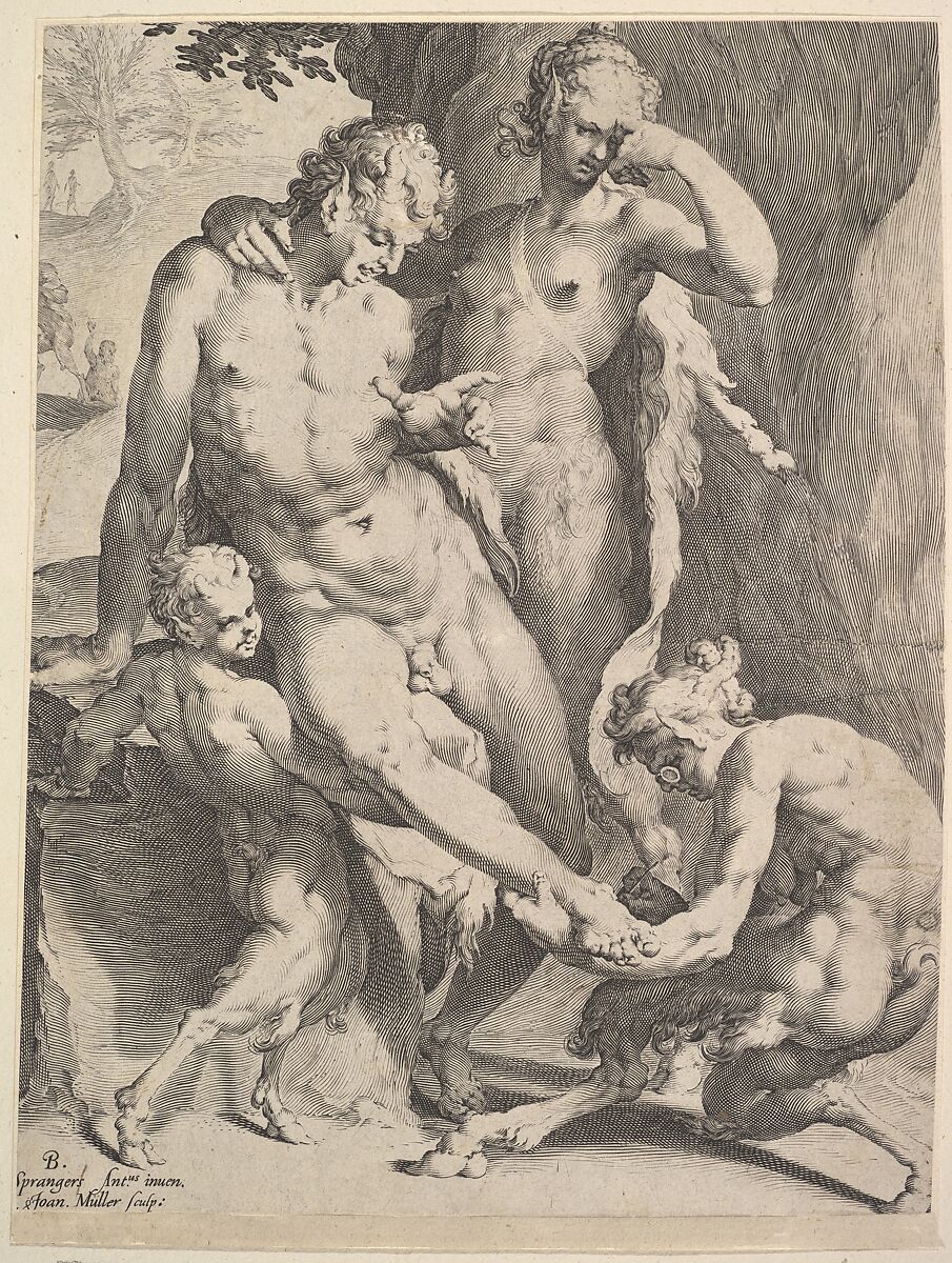Oreads Removing a Thorn from a Satyr's Foot, Jan Muller (Netherlandish, Amsterdam 1571–1628 Amsterdam), Engraving 