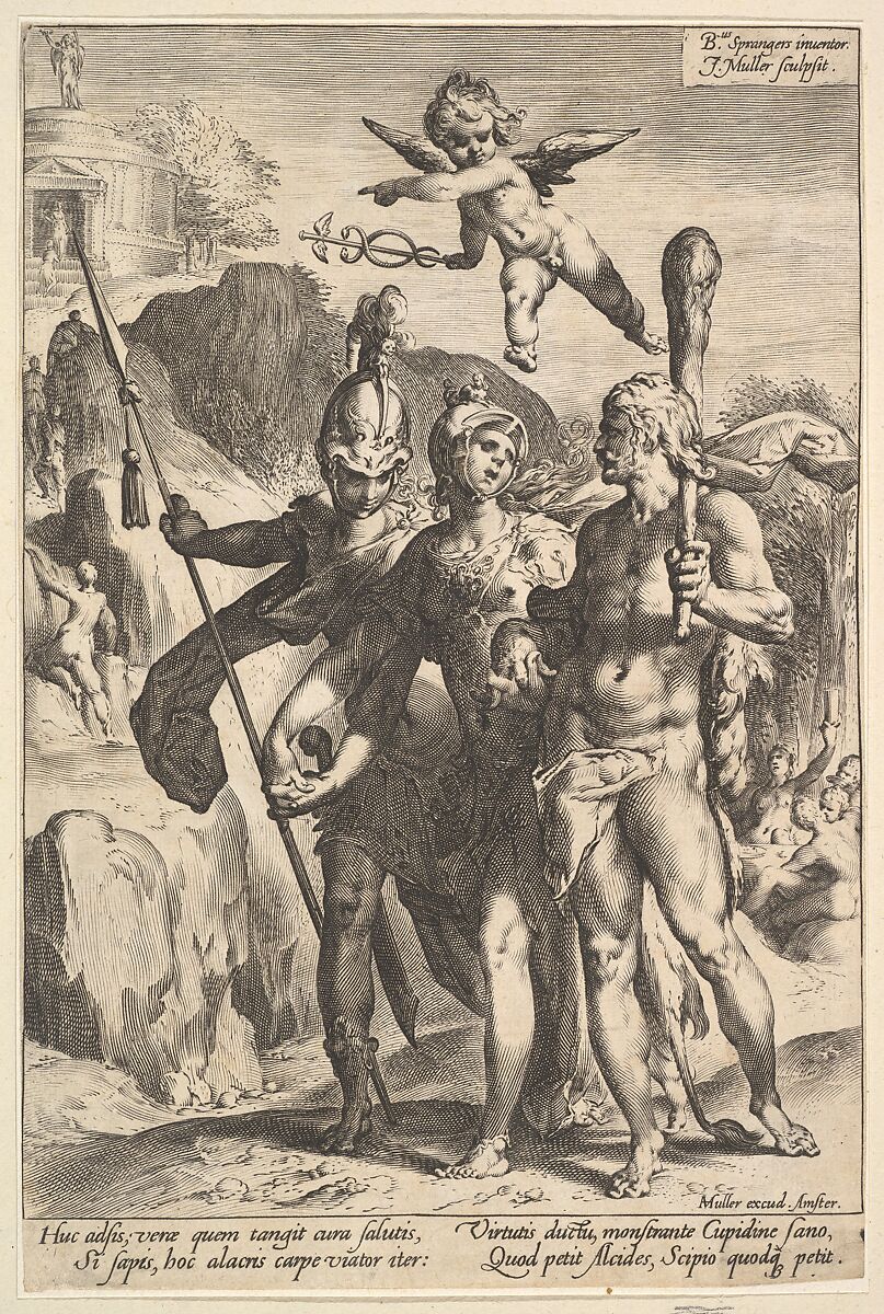 Minerva Leading Hercules and Scipio to the Temple of Fame, Jan Muller (Netherlandish, Amsterdam 1571–1628 Amsterdam), Engraving: New Holl.'s third state of four 
