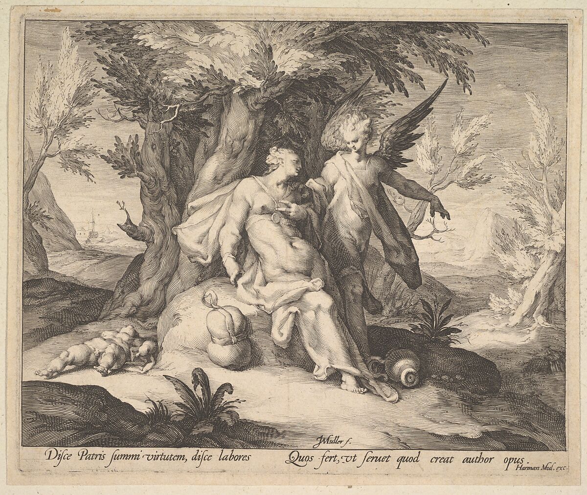 Hagar in the Desert Consoled by an Angel, Jan Muller (Netherlandish, Amsterdam 1571–1628 Amsterdam), Engraving; first state of three 