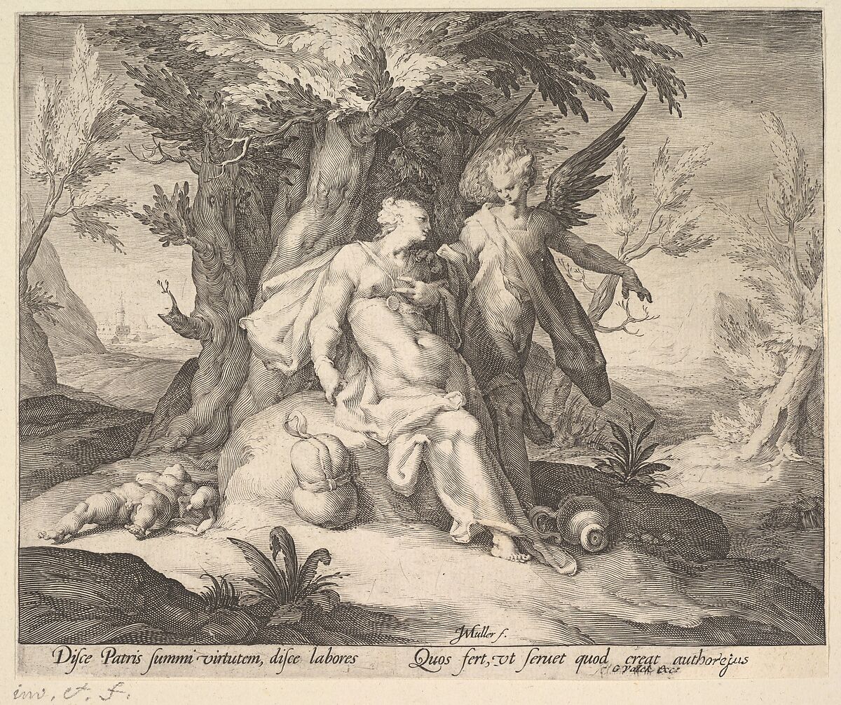 Hagar in the Desert Consoled by an Angel, Jan Muller (Netherlandish, Amsterdam 1571–1628 Amsterdam), Engraving; third state of three 