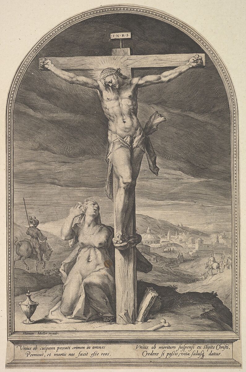St. Mary Magdalene at the Foot of the Cross, Jan Muller (Netherlandish, Amsterdam 1571–1628 Amsterdam), Engraving; New Holl.'s first state of two 