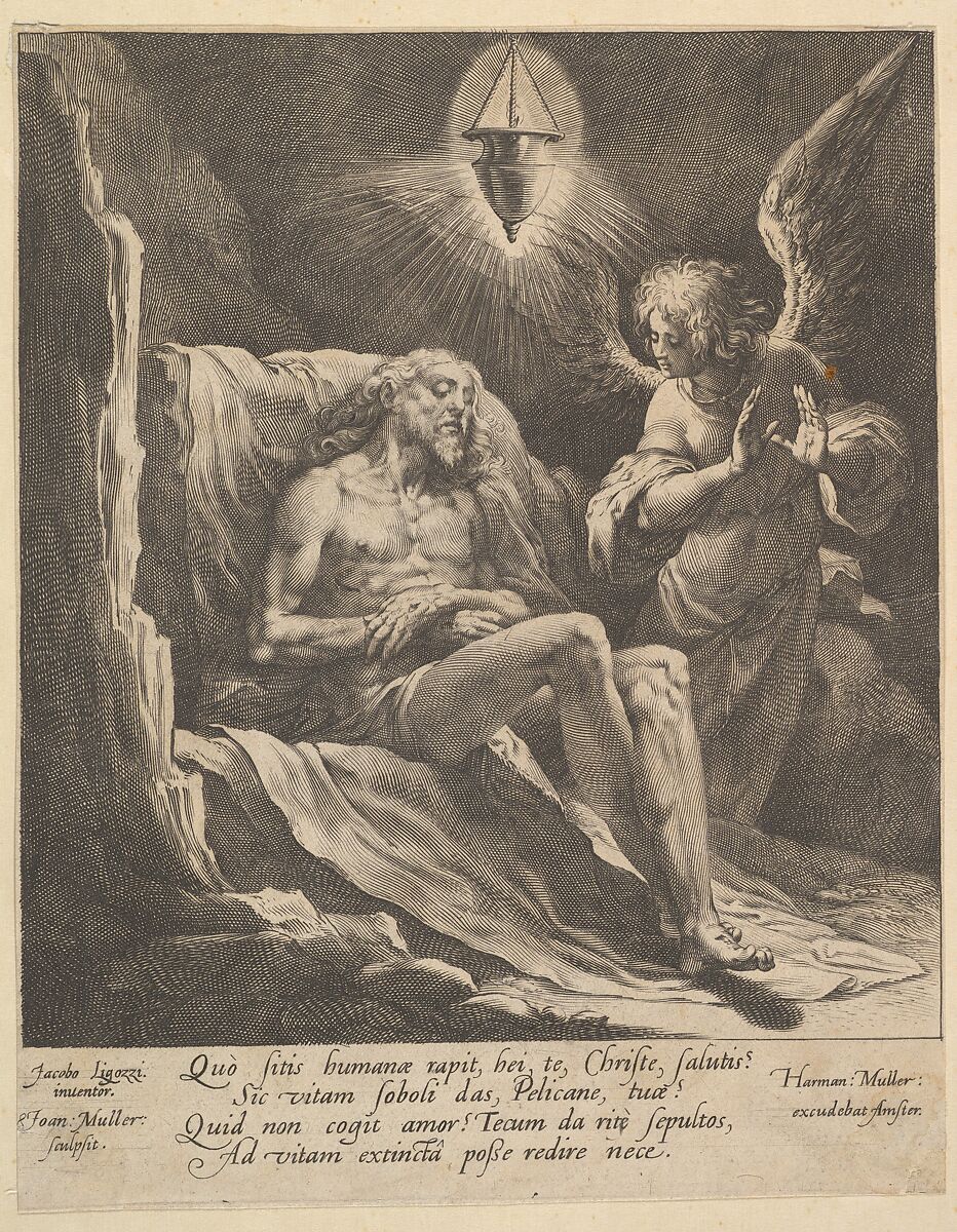 Dead Christ Lamented by an Angel, Jan Muller (Netherlandish, Amsterdam 1571–1628 Amsterdam), Engraving; New Holl.'s second state of three 