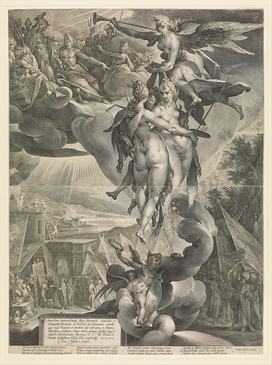 Apotheosis of the Arts, Jan Muller (Netherlandish, Amsterdam 1571–1628 Amsterdam), Engraving from two plates on two sheets of paper 