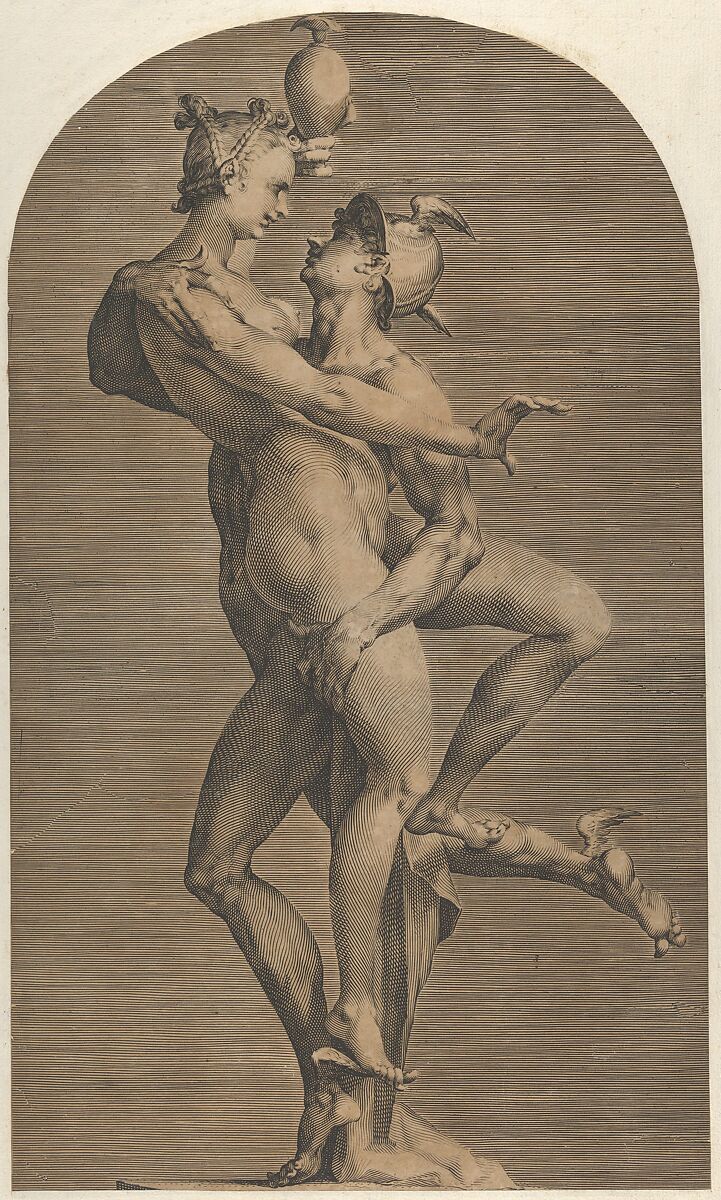 Mercury Abducting Psyche (lateral view Psyche's side), from a set of three views of the sculpture, Jan Muller (Netherlandish, Amsterdam 1571–1628 Amsterdam), Engraving; state indeterminate 