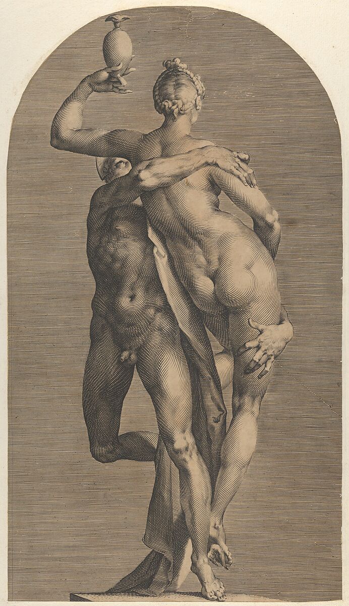Mercury Abducting Psyche (view with Psyche from behind), from a set of three views of the sculpture, Jan Muller (Netherlandish, Amsterdam 1571–1628 Amsterdam), Engraving; state indeterminate 