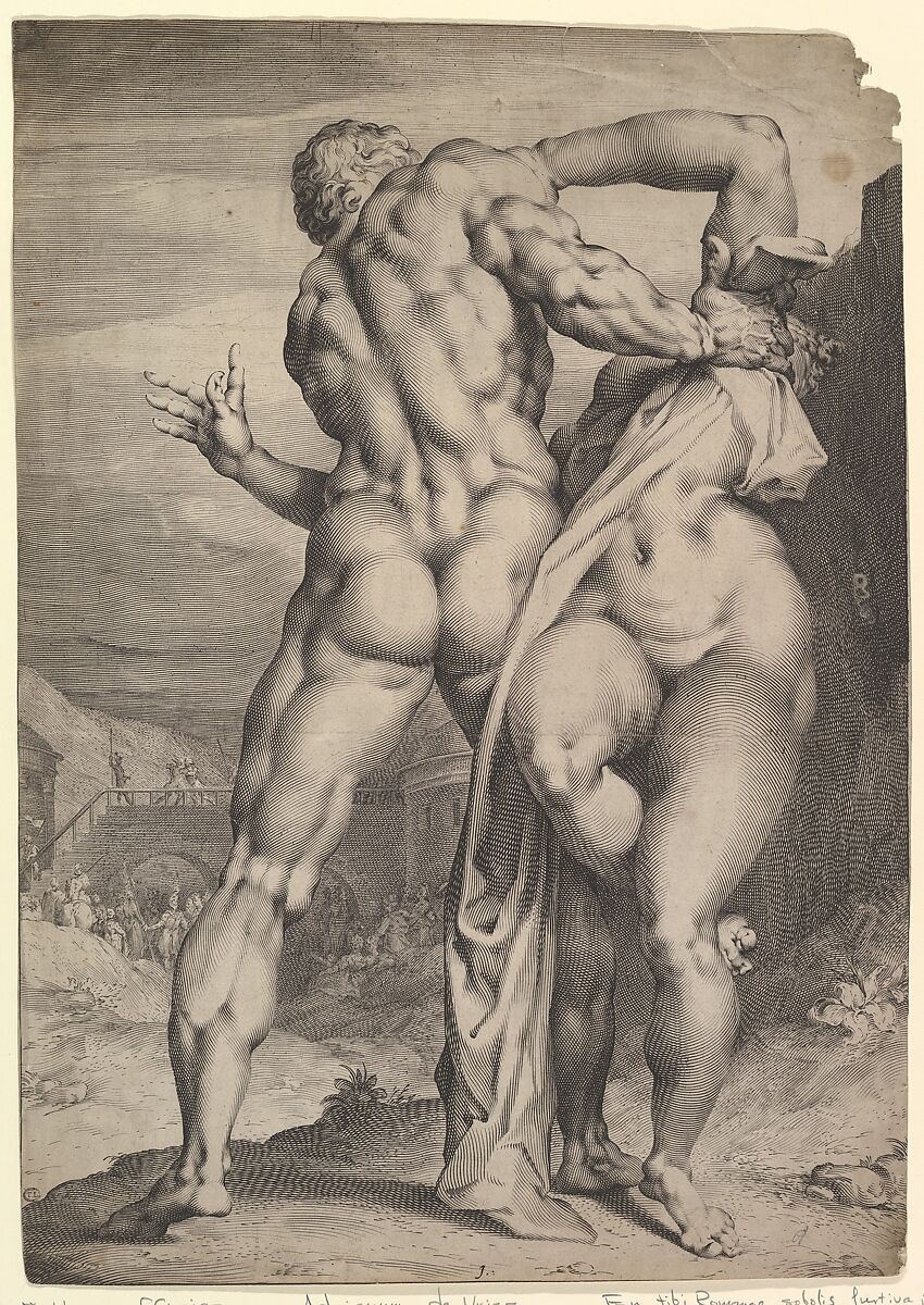 The Abduction of a Sabine Women (view from behind), Jan Muller (Netherlandish, Amsterdam 1571–1628 Amsterdam), Engraving; New Holl.'s third state or later 