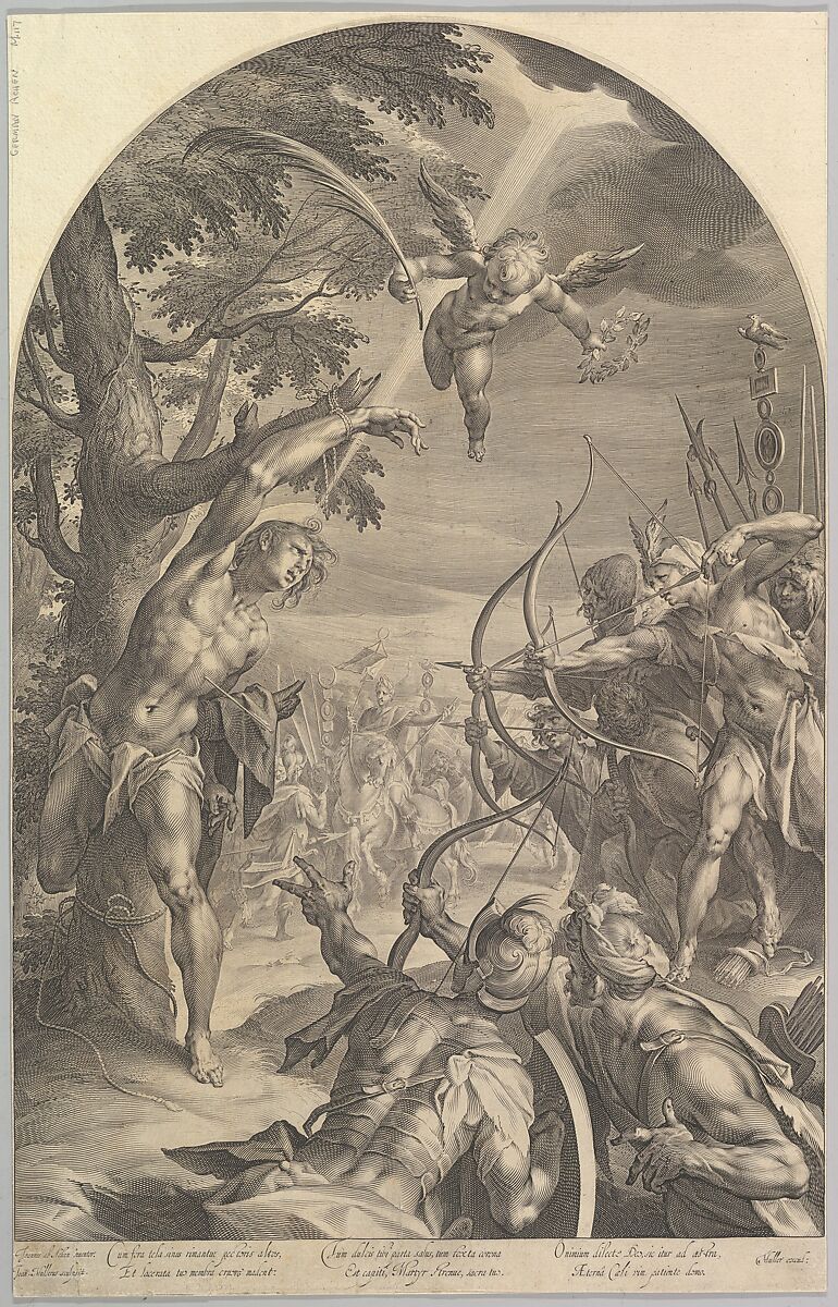 The Martyrdom of St. Sebastian, Jan Muller (Netherlandish, Amsterdam 1571–1628 Amsterdam), Engraving; New Holl.'s second state of four 