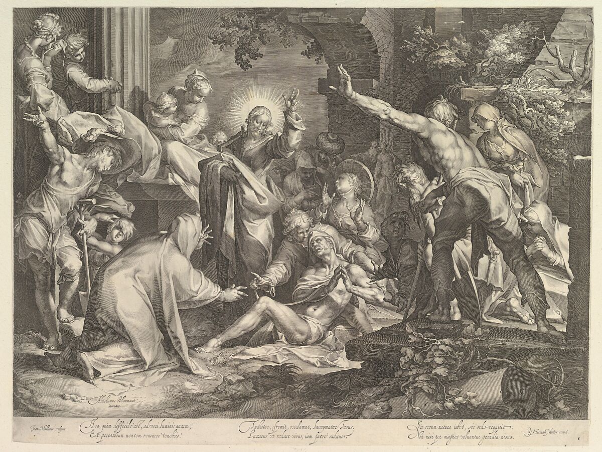 The Raising of Lazarus, Jan Muller (Netherlandish, Amsterdam 1571–1628 Amsterdam), Engraving; New Holl.'s second state of three 