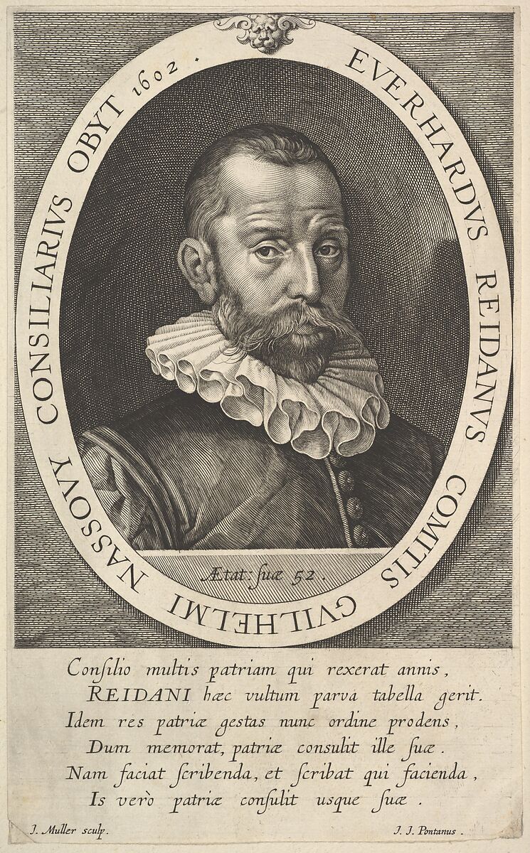 Portrait of Everhard van Reyd, Councillor of William, Prince of Orange, Jan Muller (Netherlandish, Amsterdam 1571–1628 Amsterdam), Engraving; New Holl.'s third state of four 