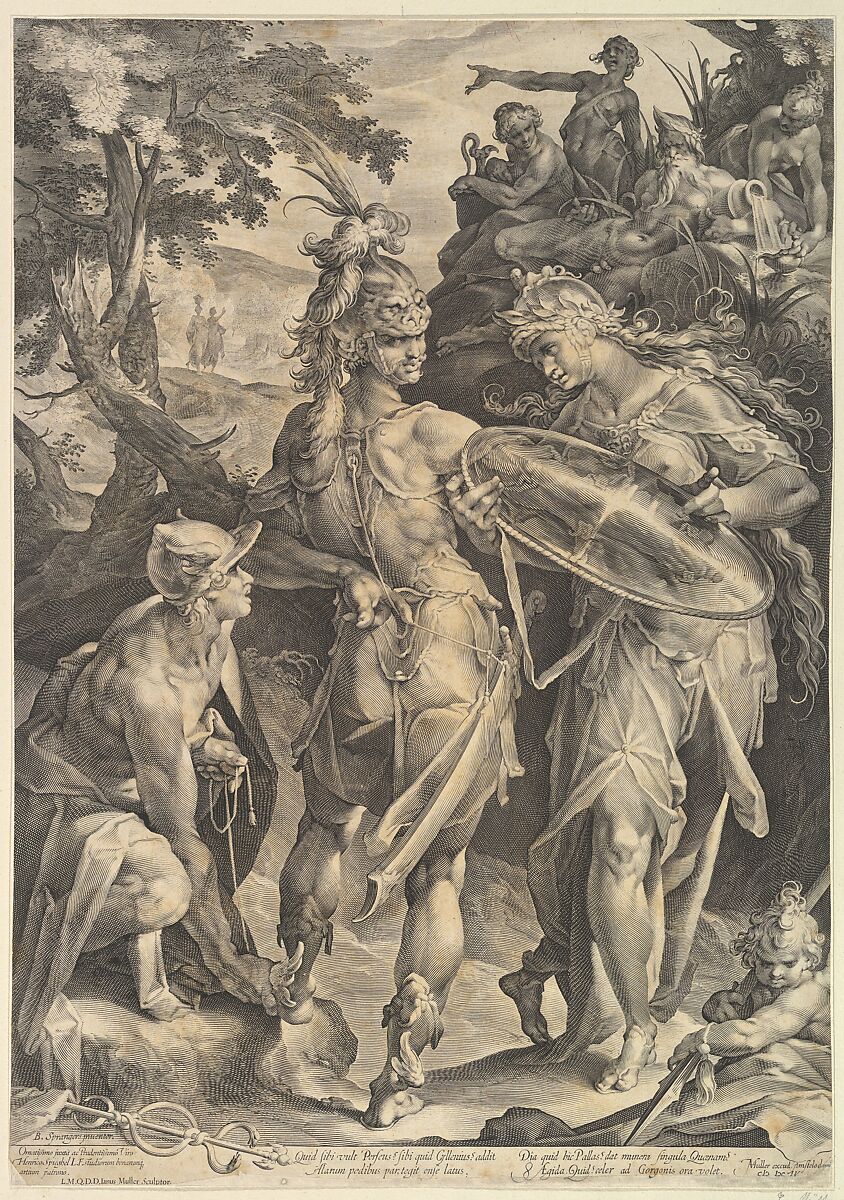 Minerva and Mercury Arming Perseus, Jan Muller (Netherlandish, Amsterdam 1571–1628 Amsterdam), Engraving; New Holl.'s third state of three 