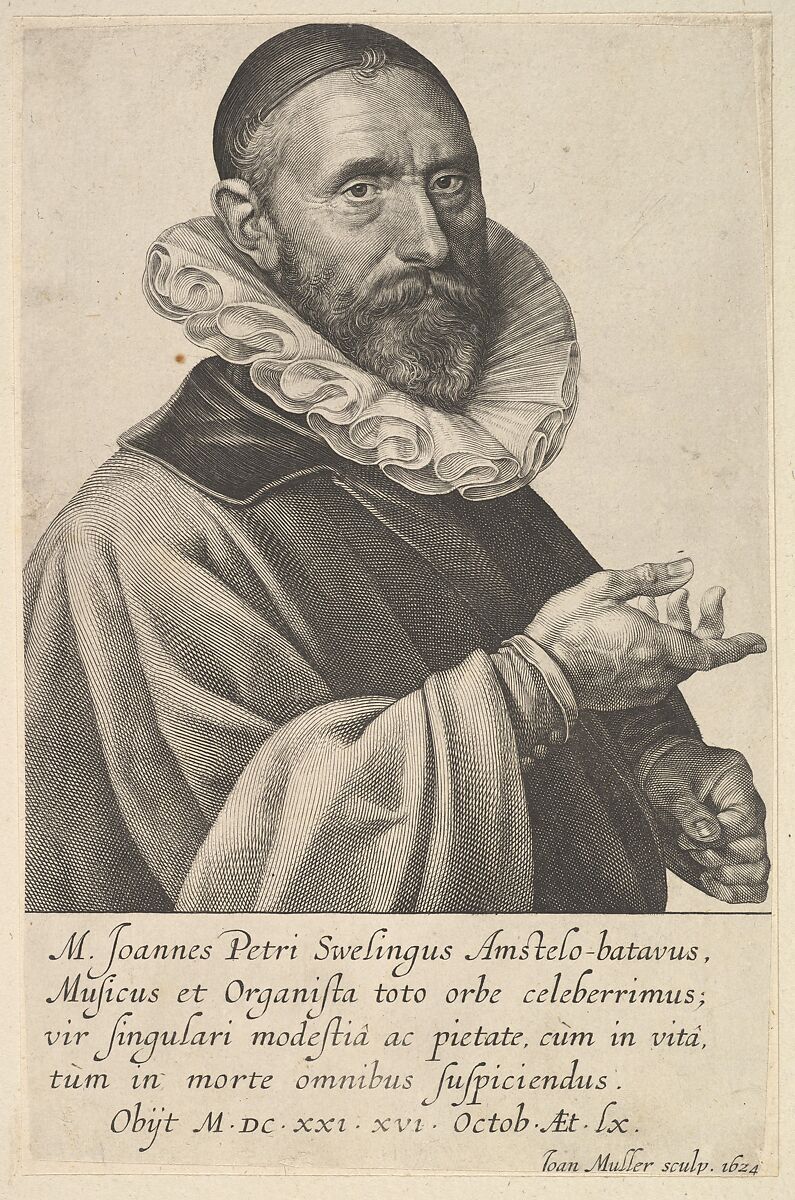 Portrait of Jan Pietersz. Sweelinck, Organist and Musician in Amsterdam, Jan Muller (Netherlandish, Amsterdam 1571–1628 Amsterdam), Engraving; New Holl.s third state of three 