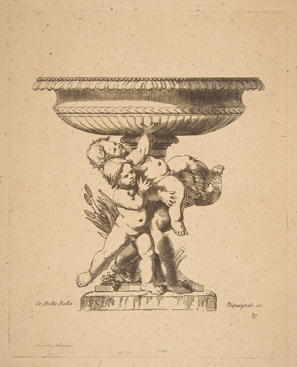 Ornamental design of three children holding up a fountain, Auguste Pequegnot (French, 1819–1878), Etching 