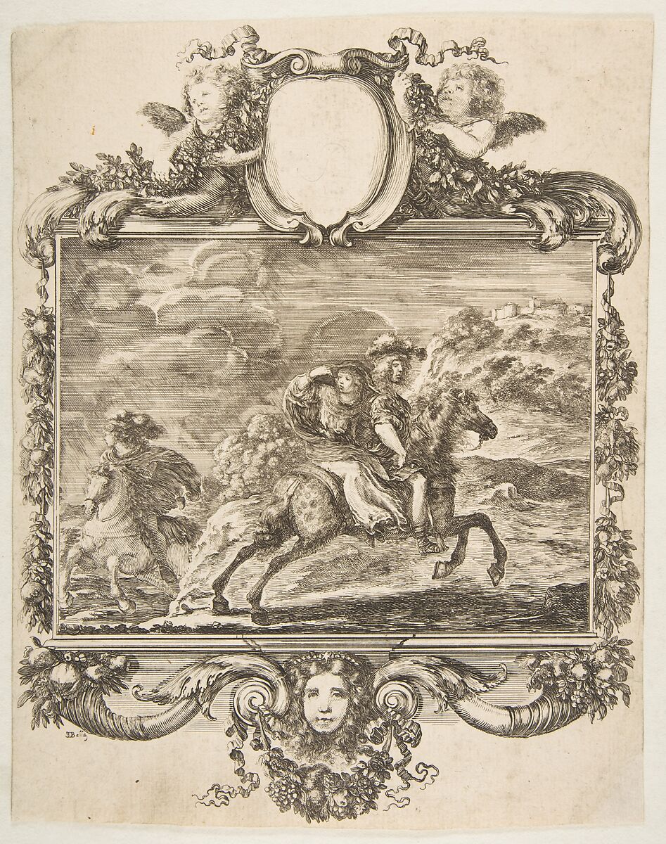 A cavalier and a lady on horseback, within an ornate border decorated with fruit and cornucopias, Stefano della Bella (Italian, Florence 1610–1664 Florence), Etching 