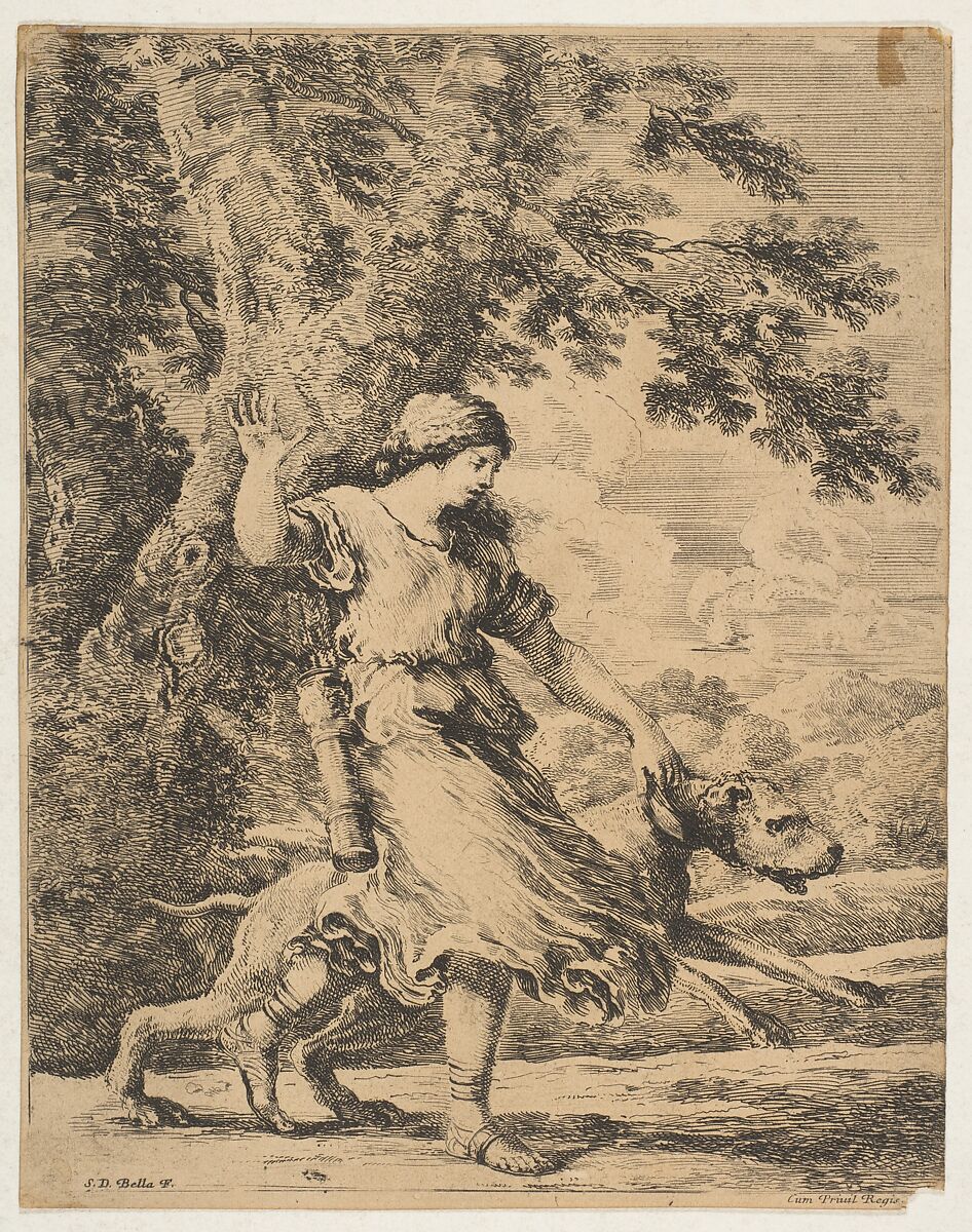 A Nymph Holding a Large Dog by its Collar, Stefano della Bella (Italian, Florence 1610–1664 Florence), Etching, late state unrecorded by De Vesme 