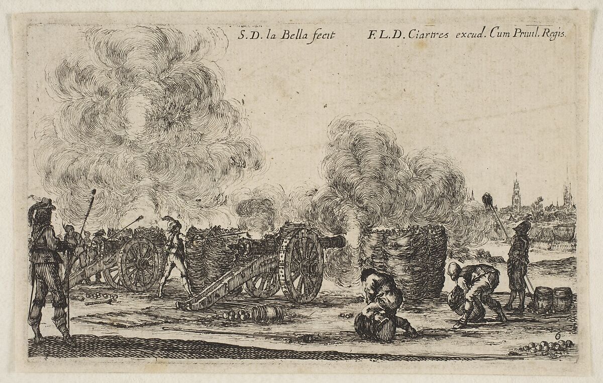 Plate 6: battery of cannons firing on a city, from "Various Military Caprices" (Varii capricci militari), Stefano della Bella (Italian, Florence 1610–1664 Florence), Etching; first state of four 
