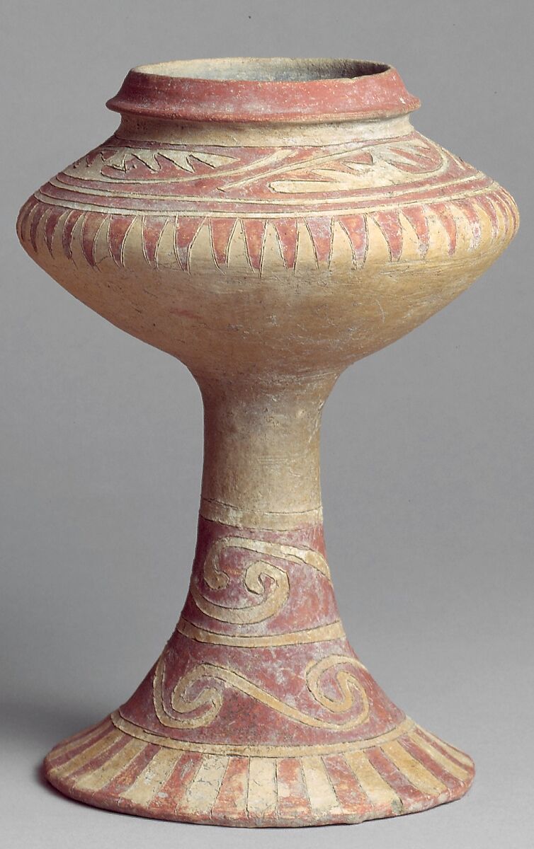 Stem Vase with Incised and Painted Design, Earthenware with buff slip and red oxide decoration, Thailand (Ban Chiang culture) 