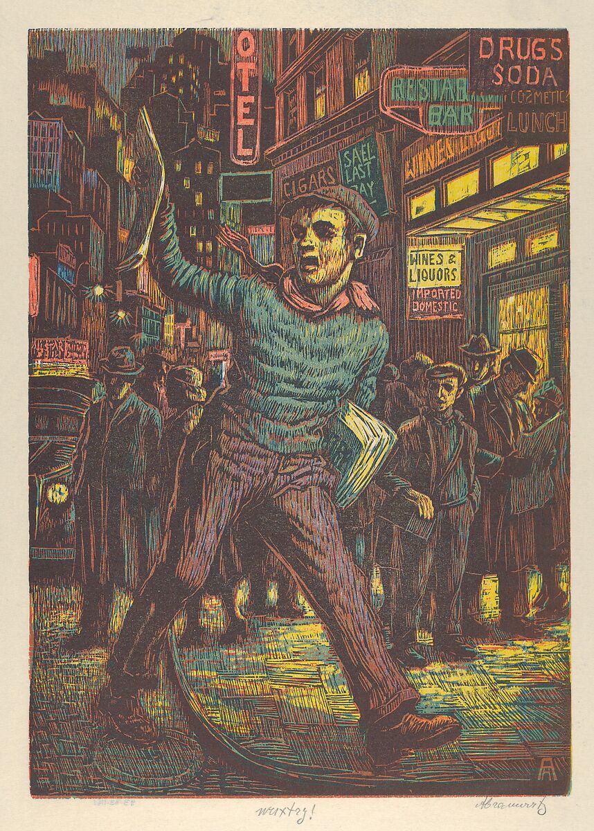 Wuxtry!, Albert Abramovitz (American, 1879–1963), Color wood engraving