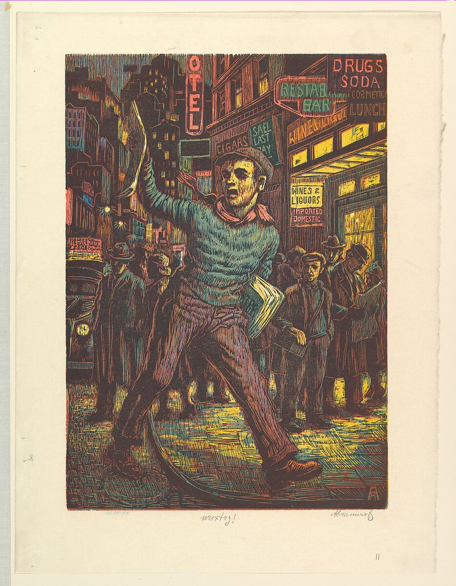Wuxtry!, Albert Abramowitz (American, Riga, Russia 1879–1963 Brooklyn, New York), Color wood engraving 
