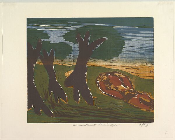 Connecticut Landscape, Abe Ajay (American, Altoona, Pennsylvania 1919–1998 Bethel, Pennsylvania), Color linocut 