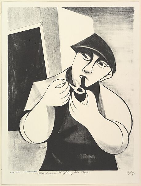 Workman Lighting his Pipe, Abe Ajay (American, Altoona, Pennsylvania 1919–1998 Bethel, Pennsylvania), Lithograph 