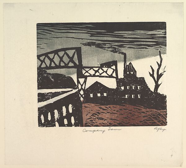 Company Town, Abe Ajay (American, Altoona, Pennsylvania 1919–1998 Bethel, Pennsylvania), Color Linocut 