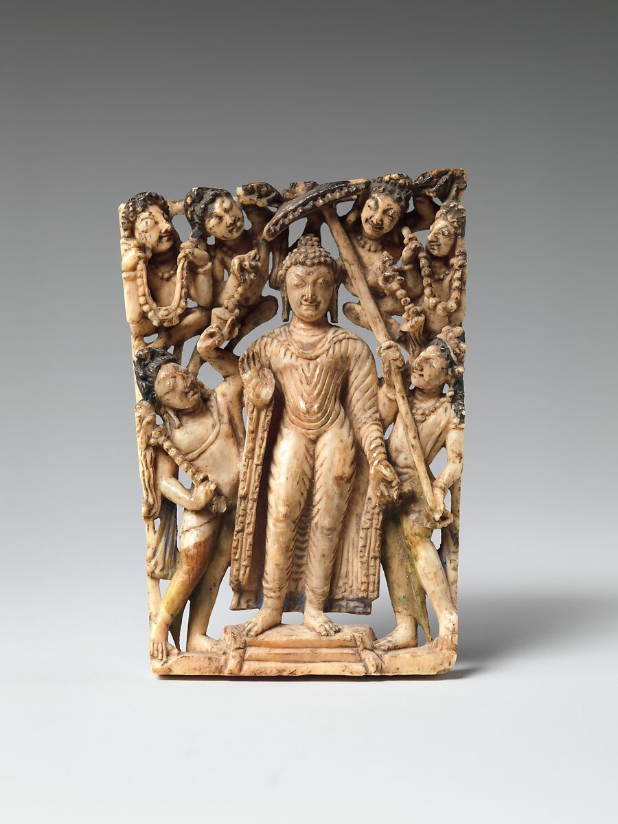 Panel from a Portable Shrine: The Descent of the Buddha from Trayastrimsha Heaven, Ivory with traces of color, India (Jammu and Kashmir, ancient kingdom of Kashmir), 